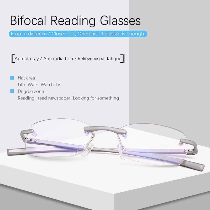 MIRYEA Rimless Clear Bifocal Reading Glasses Spring Hinge Blue Light Blocking Readers for Men and Women Unisex Eyewear Far Near Dual-Use Lightweight Magnifying Anti Glare UV Digital Fashion Eyeglasses - Image 2